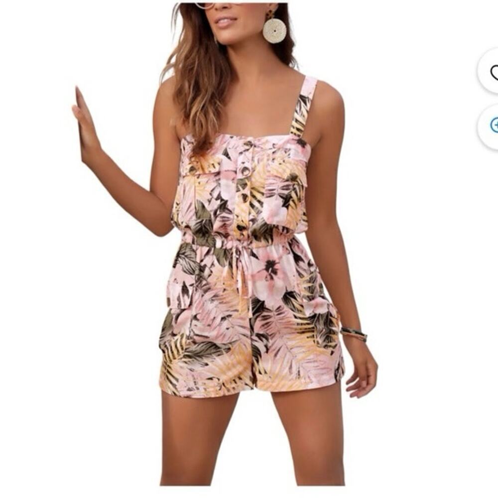 Lascana Venus Linen Cotton Blend Tropical Print Elastic Waist Romper Size 2X
